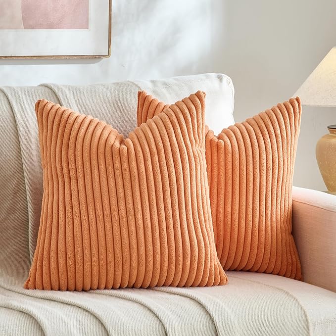 Fancy Homi Set of 2 Orange Fall Decorative Throw Pillow Covers 18x18 Inch for Couch Bed Sofa, Autumn Halloween Thanksgiving Decor, Soft Plush Thick Striped Corduroy Cute Aesthetic Home Decor 45x45cm