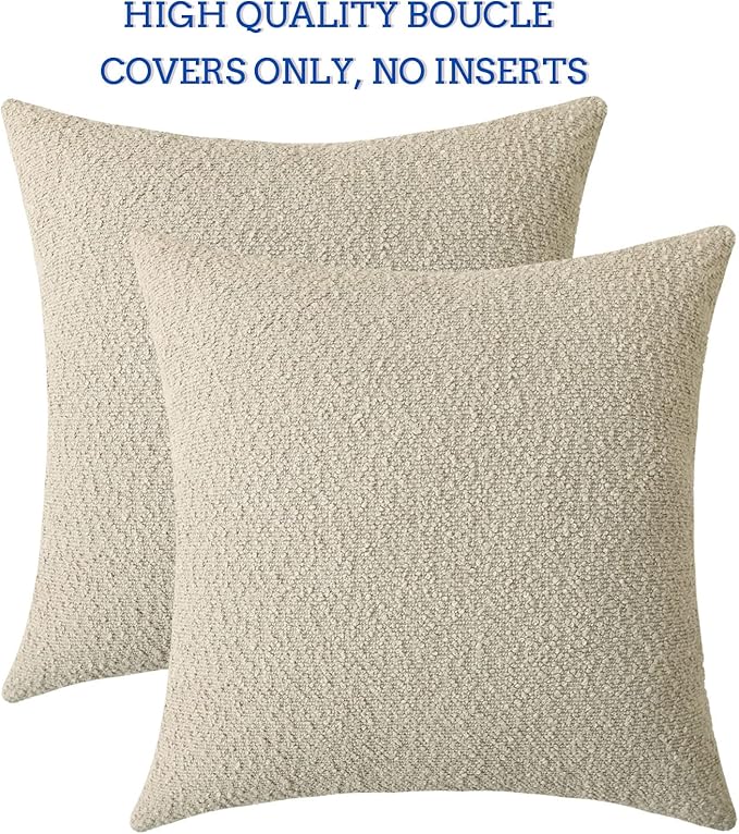 Jeneoo Light Grey Decorative Square Thick Throw Pillow Covers Fine Textured Boucle Oatmeal Couch Cushion Cases for Livingroom Sofa Home Decor, Set of 2, 18 x 18 Inch