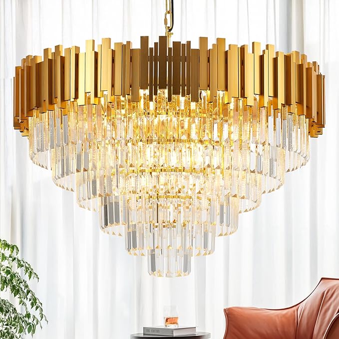 18-Lights 6 Tiers Gold Crystal Chandeliers Luxury 31.5" Modern Crystal Pendant Chandelier Round Hanging Lighting for Living Room Foyer High Ceiling Bedroom Restaurant
