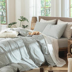 MooMee Striped Duvet Cover Set 100% Washed Cotton Linen Like Textured Breathable Durable Soft Comfy (Heathered Green Classic Stripes, Twin 68"x90")