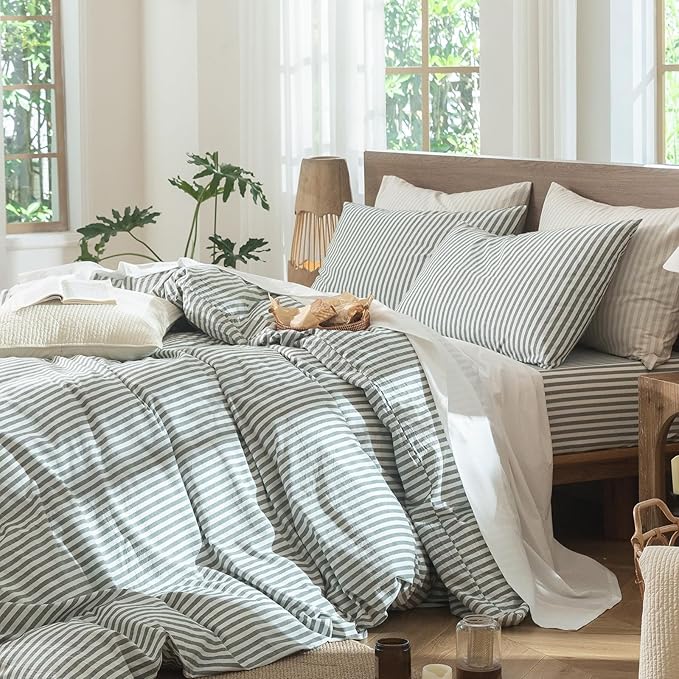 MooMee Striped Duvet Cover Set 100% Washed Cotton Linen Like Textured Breathable Durable Soft Comfy (Heathered Green Classic Stripes, King 104"x90")