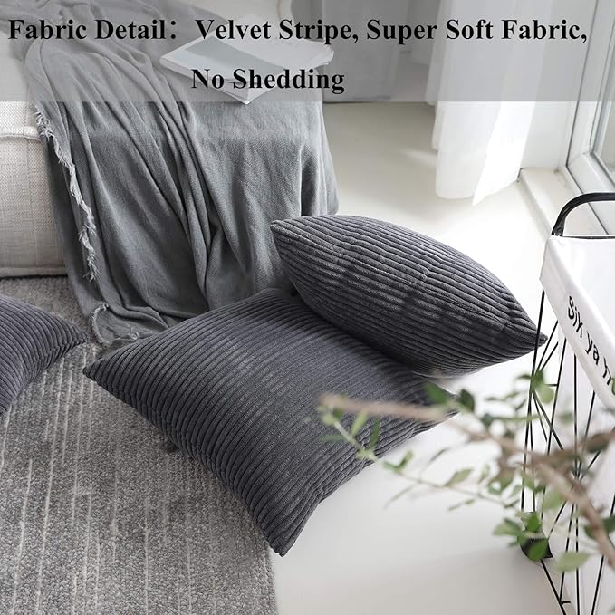 Home Brilliant Set of 2 Throw Pillow Covers Soft Velvet Corduroy Striped Square Cushion Cover for Couch, 50cm, 20 x 20 Inch, Dark Grey