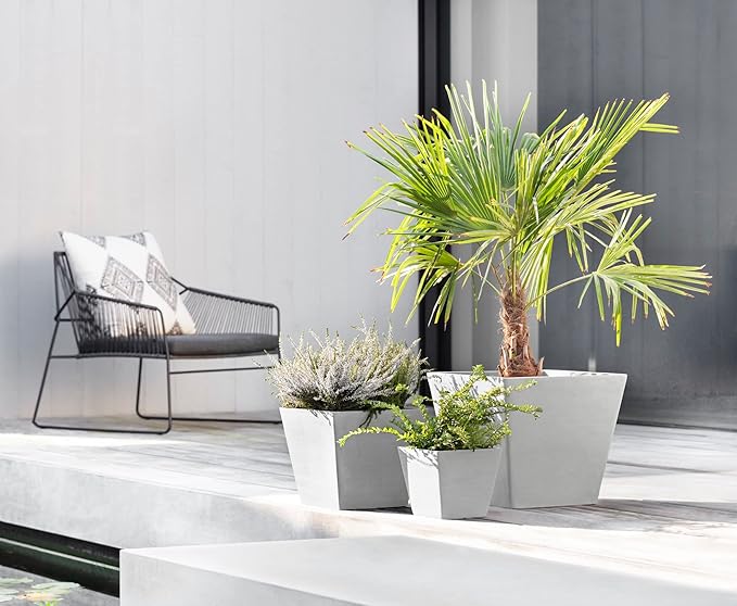 Ecopots Rotterdam Durable Modern Square Indoor/Outdoor Recycled-Based Composite Flower Planter, White Grey, 12"