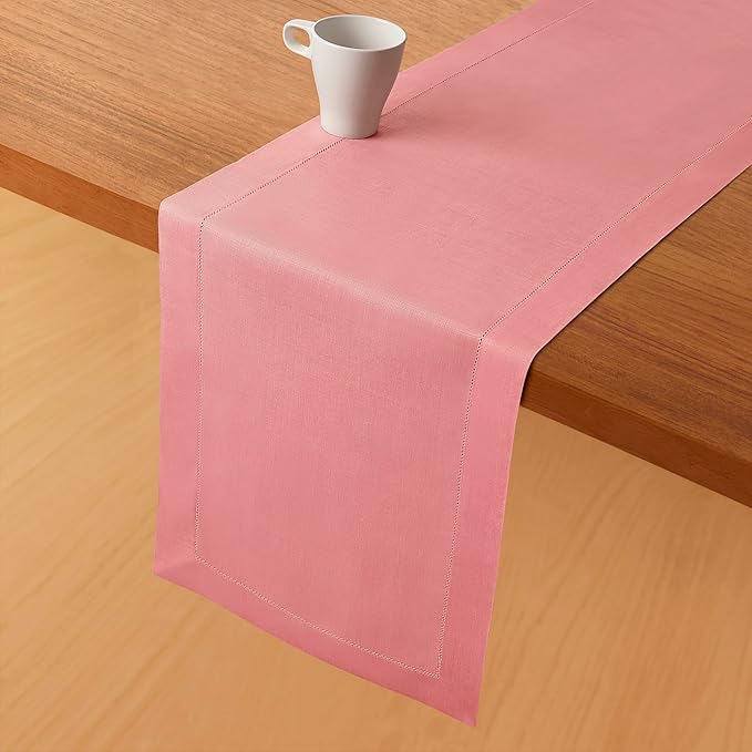 D'Moksha Homes Linen Dusty Pink Table Runner 84 Inches Long - 100% Pure Linen Table Runner 14 x 84 Inch for Fall, Autumn and Halloween - Classic Hemstitch