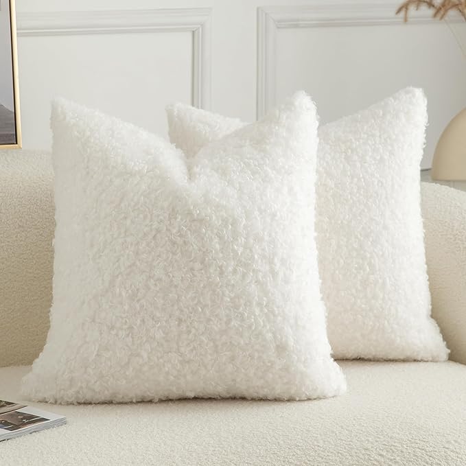 Pack of 2 Curly Teddy Wool Faux Fur Throw Pillow Covers Fuzzy Accent Soft Sherpa Pillowcases Sheepskin Fleece Decorative Cushion Case for Sofa Couch Living Room 18x18 Inch Neutral White