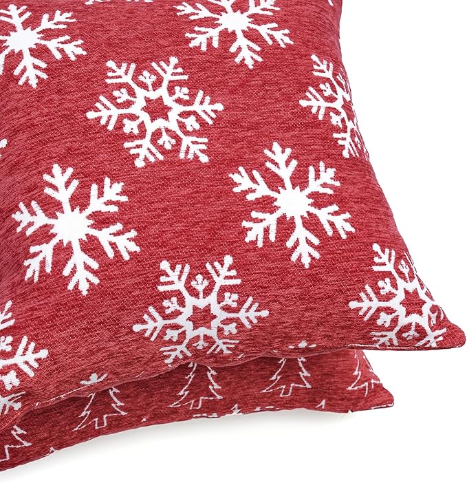 2 Pack Chenille Christmas Pillow Covers 12x20, Red Double-Sided Snowflake & Christmas Tree, Cozy Farmhouse Holiday Cushion Case, Decorative Throw Pillowcase for Sofa Couch Bed(Red,12x20)