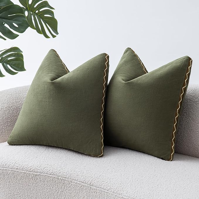 Olive Green Linen Cotton Throw Pillow Covers 20x20 Inch Set of 2, Modern Boho Aesthetic Accent Pillow Cases with Woven Flange for Couch Sofa Bed Room Earthy Tone Home Decor