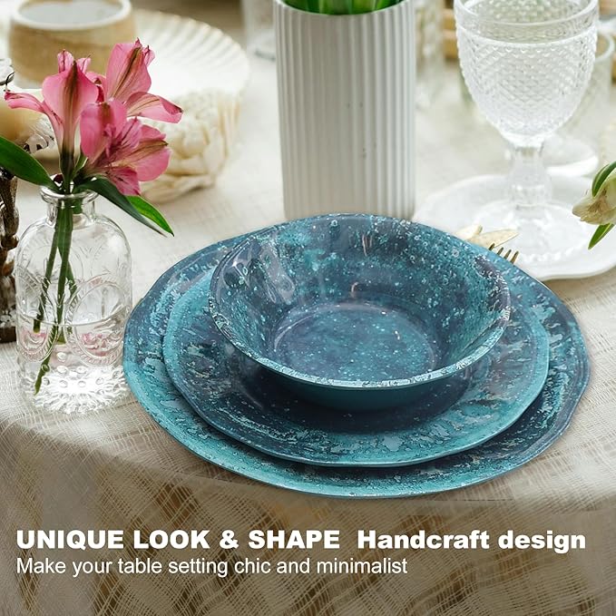 Melamine Dinnerware Sets, Melamine Plates and Bowls Set for 4, Best for Indoor and Outdoor Dining Party, Dishwasher Safe, Volcanic Pattern, Amber Green