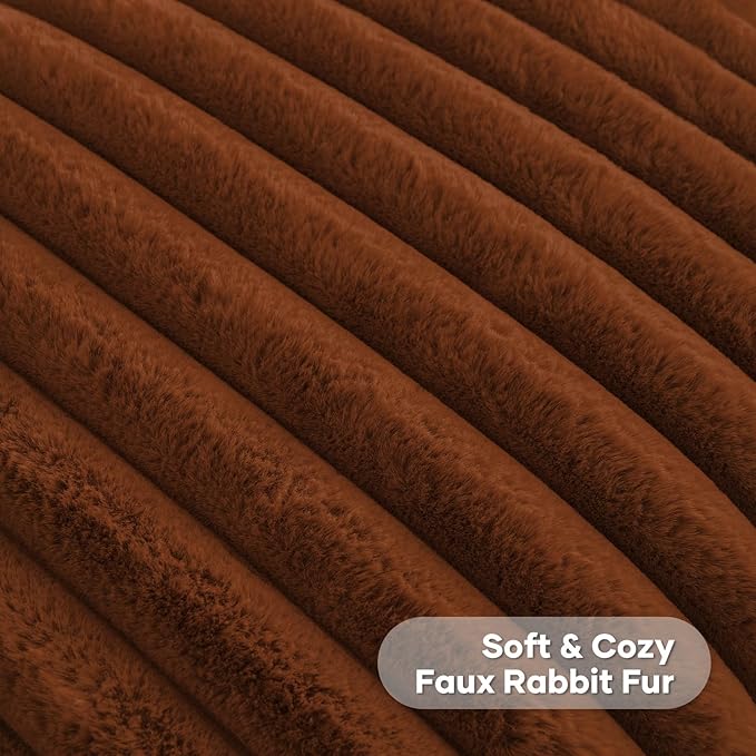 FUTEI Rust Striped Decorative Throw Pillow Covers 22x22 Inch Set of 2,Square Winter Decorations Couch Pillow Case,Soft Cozy Faux Rabbit Fur & Velvet Back,Modern Home Decor for Bed