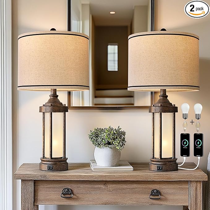 25'' Table Lamps Set of 2 for Living Room Bedroom Farmhouse Metal Lamps with 2 USB Ports, Built-In Frosted Glass Night Light Vintage Industrial Nightstand Bedside Lamp, 4 Bulbs Included, Bronze