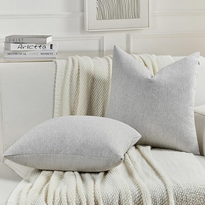 FUTEI Light Grey Chenille Decorative Throw Pillow Covers 26x26 Inch Set of 2,Soft Cozy Faux Linen Textured Euro Pillow Shams,Farmhouse Home Decor for Couch Living Room