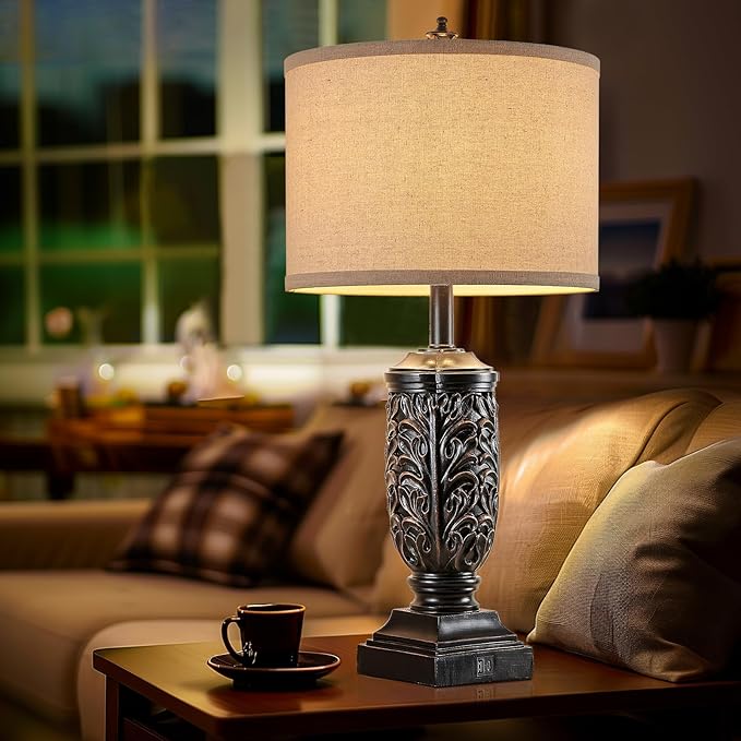 28.5” Vintage Farmhouse USB A+C Table Lamps Set of 2 for Living Room Bedroom Tall Rustic Bedside Nightstand Lamp Retro Traditional End Table Lamps for Entryway Home Office Decor Antique Black Accent