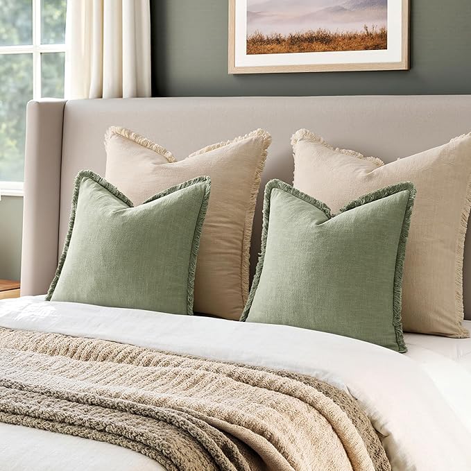 EMEMA Linen Fringe Throw Pillow Covers Set of 2 Boho Farmhouse Accent Decorative Pillowcase with Tassels for Couch Sofa Bed Living Room Home Decor 26x26 Inch,Sage Green
