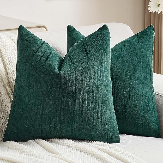 FUTEI Dark Green Chenille Decorative Throw Pillow Covers 20x20 Inch Set of 2,Soft Embossed Striped Textured Cushion Case,Modern Home Decor for Couch Bed Living Room