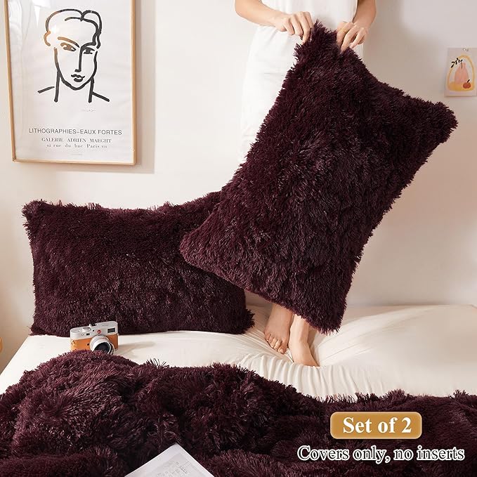 XeGe Faux Fur Throw Pillow Cases, Plush Shaggy Ultra Soft Pillow Covers, Fluffy Crystal Velvet Decorative Pillowcases, Furry Fuzzy Pillow Shams Zipper Closure, Set of 2 (King, Burgundy)