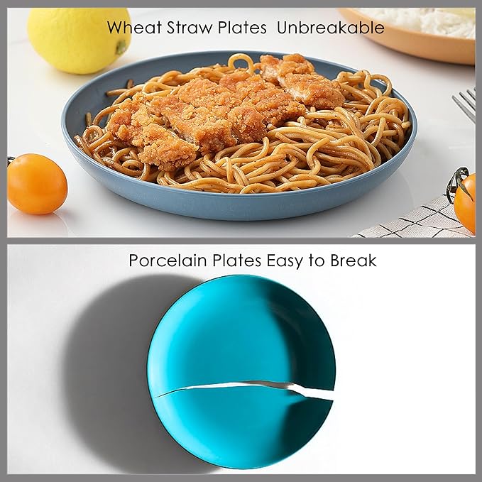 8 PCS Wheat Straw Plates, Kaloo 7.7 Inch Melamine Reusable Plastic Unbreakable Dinner Plates for kitchen, Dishwasher & Microwave Safe (4 colors)