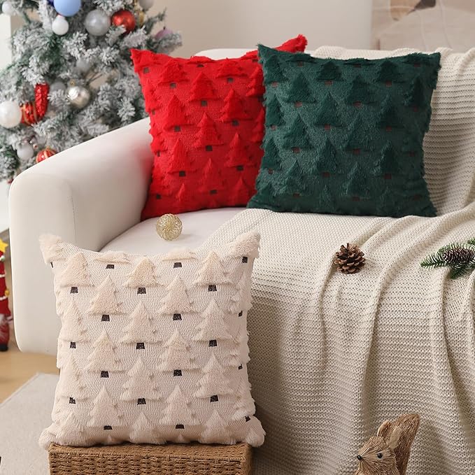 Christmas Pillow Covers 22x22 inch Set of 2 Christmas Decorations Soft Plush Faux Fur Wool Beige Xmas Tree Throw Pillow Cases Winter Holiday Decor for Sofa Living Room PT002C22