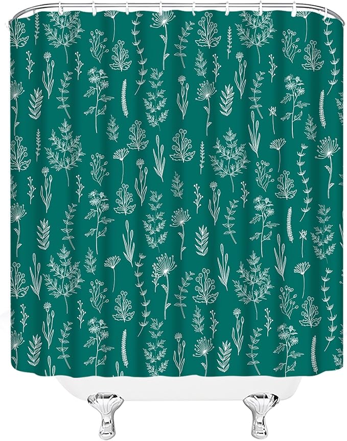 Teal Floral Shower Curtain Rustic Flower Farmhouse Plant Cute Leaves Retro Botanical Vintage Bathroom Curtain Set with Hooks(59" Wx70 H)
