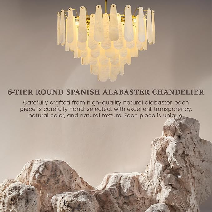 Alabaster Round Chandelier, 32 In 92 PCS Natural Spanish Marble Stone Texture Chandelier, 6-Tiers Modern Luxury Brass Chandeliers for Dining Room, Living Room, Bedroom, Entryway, Foyer(Bulbs Included)