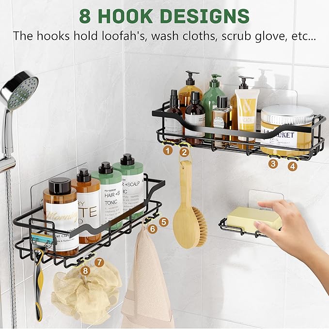 OMAIRA 3-Pack Shower Caddy with Soap Holder, Adhesive Rustproof No-drill Strudy Loading Inside Shower Organizer Shelves Rack Storage Bathroom Organization for Smooth Wall Glass Tile, Black (Large)