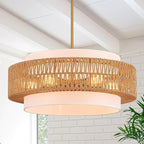 23.6" Rattan Chandelier with Linen Farmhouse Vintage Boho Hand Woven Bamboo Chandeliers Light Fixture Modern Drum Wicker Rattan Gold Chandelier for Dining Room, Kitchen, Living Room,Foyer