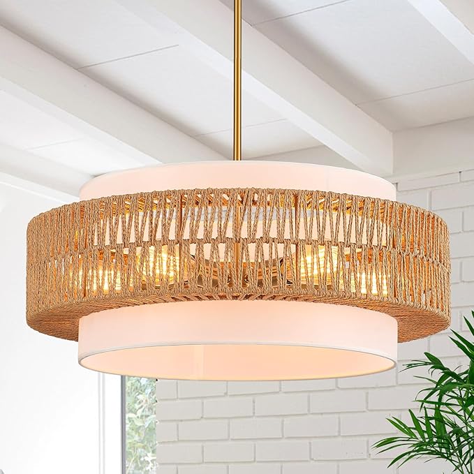 23.6" Rattan Chandelier with Linen Farmhouse Vintage Boho Hand Woven Bamboo Chandeliers Light Fixture Modern Drum Wicker Rattan Gold Chandelier for Dining Room, Kitchen, Living Room,Foyer