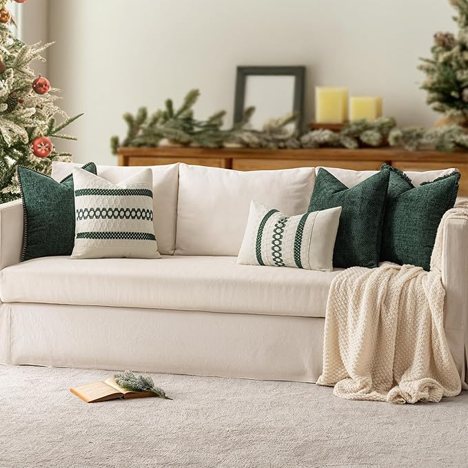MIULEE Pack of 2 Christmas Pillow Covers 12x20 Inch Dark Green Farmhouse Decorative Throw Pillow Covers with Stitched Edge Soft Chenille Solid Dyed Couch Pillow Covers for Sofa Bed Living Room