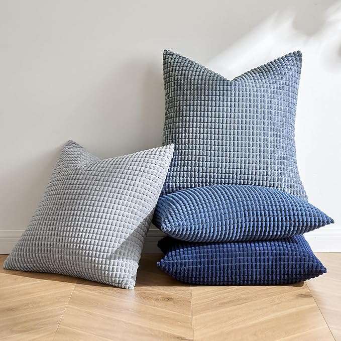 MIULEE Blue Decorative Euro Sham Pillow Covers 24x24 Inch Set of 4 Boho Western Farmhouse Home Decor Couch Throw Pillows Summer Coastal Corduroy Pillowcases Industrial for Sofa Living Room Bed