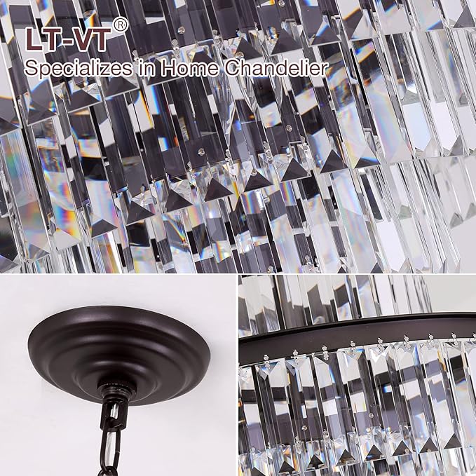 24" Oil Brown Crystal Chandelier, Modern 5-Tier Ceiling Light with Clear Crystal Prisms, Luxury Pendant Lighting for Dining Room Entryway