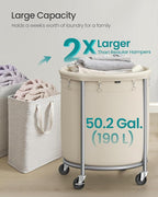 SONGMICS 50.2-Gallon (190 L) Laundry Basket with Wheels, Rolling Round Heavy-Duty Laundry Hamper Cart with Steel Frame and Removable Bag, 2 Locking Wheels, Cream White and Metallic Silver URLS01MZ