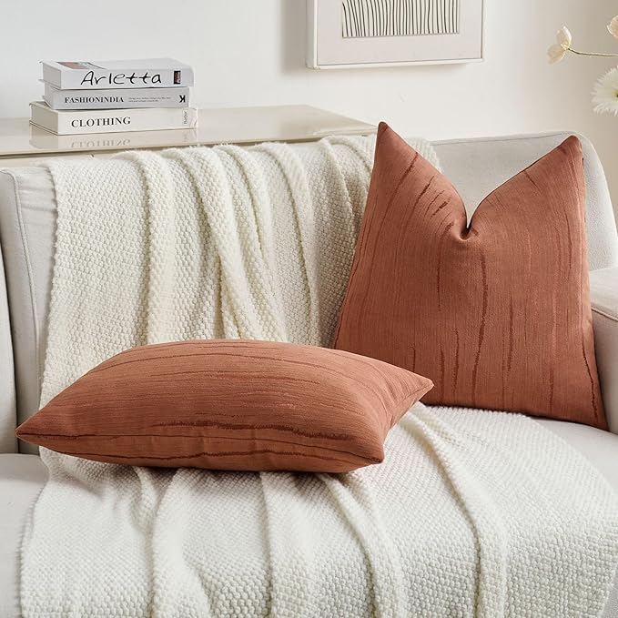 FUTEI Rust Chenille Decorative Throw Pillow Covers 24x24 Inch Set of 2,Soft Embossed Striped Textured European Cushion Case,Modern Home Decor for Couch Bed Living Room