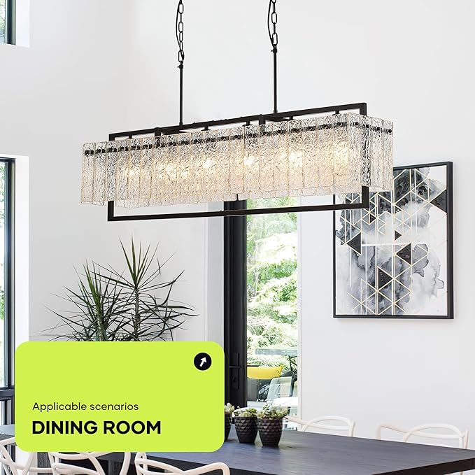 Modern Rectangle Black Crystal Chandeliers for Dining Room, 6 Lights 44" Large Rectangular Water Ripple Glass Kitchen Island Light Fixture, Linear Farmhouse Pendant Light Fixture Over Table