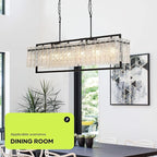 Modern Rectangle Black Crystal Chandeliers for Dining Room, 6 Lights 44" Large Rectangular Water Ripple Glass Kitchen Island Light Fixture, Linear Farmhouse Pendant Light Fixture Over Table
