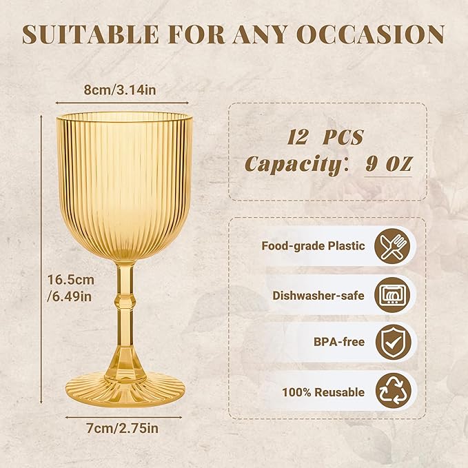 Plastic Wine Glasses 9oz Set of 12, Gold Ribbed Vintage Goblets Unbreakable Reusable BPA-Free Stemmed Drinking Glasses for Parties, Weddings & Events