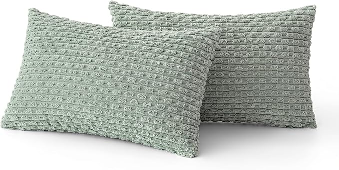 MIULEE Pack of 2 Decorative Lumbar Throw Pillow Covers 12x20 Inch Soft Boho Striped Textured Corduroy Pillow Covers Modern Farmhouse Home Decor for Couch Bed Sofa Living Room Greyish Green