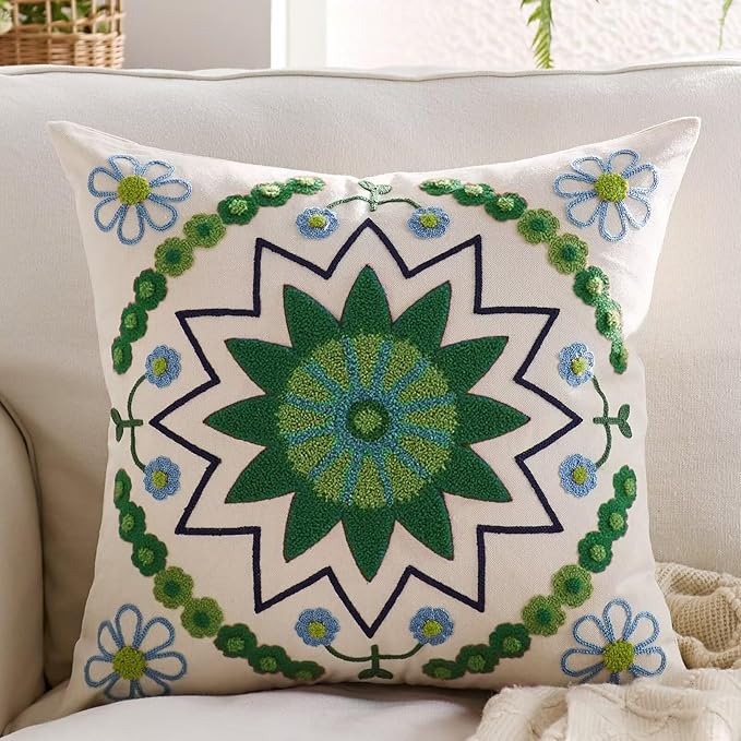 Embroidered Throw Pillow Cover 20x20 Classic Boho Floral Pattern Pillows Cover Outdoor Decorative Pillowcase,Durable Cozy Textured Cushion Case for Sofa Couch Bed Living Room,Green
