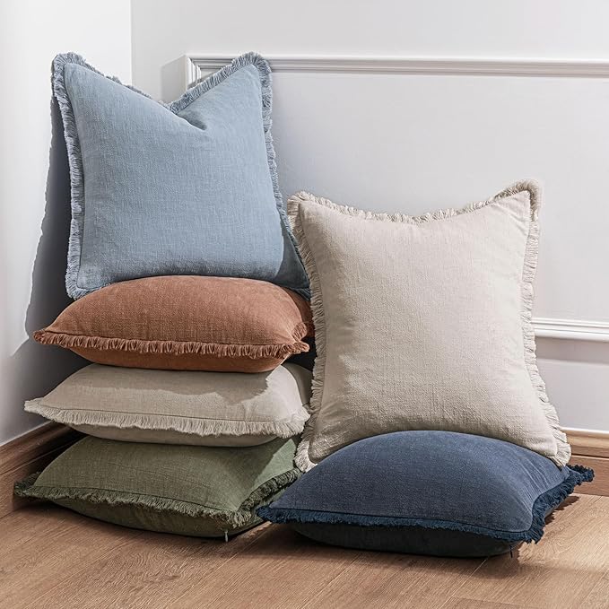Woaboy Decorative Linen Fringe Throw Pillow Covers Boho Farmhouse Soft Cushion Covers Accent Pillowcases with Tassels for Living Room Couch Sofa Bed Chair,20x20 Inch Set of 2,Blue