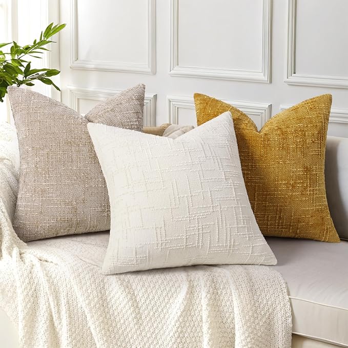 decorUhome Mustard Yellow Chenille Throw Pillow Covers 18x18 Set of 2 Thick Textured Slubby Couch Pillow Covers Farmhouse Accent Modern Neutral Decorative Pillow Cases for Bed Sofa Living Room