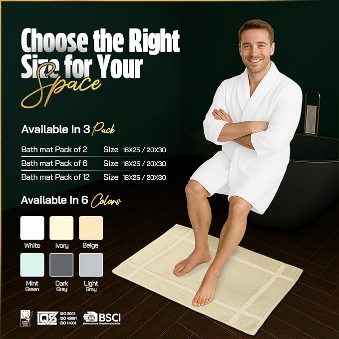 Pearl Linens Pack of 2 100% Cotton Bath Mat 20x30 inches, Soft & Absorbent Quick Dry Bathroom Mat Set, Not Bathroom Rugs, After Shower Mat, Bath Tub Mat, 687 GSM, Machine Washable, Beige
