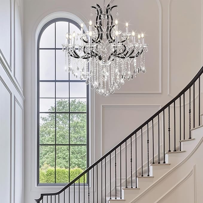 Large Black Crystal Chandelier Light Fixtures, 18 Lights Modern Crystal Chandeliers for Dining Room,Staircase Hallway Living Room Entryway,2 Layers 41'' Foyer Chandelier