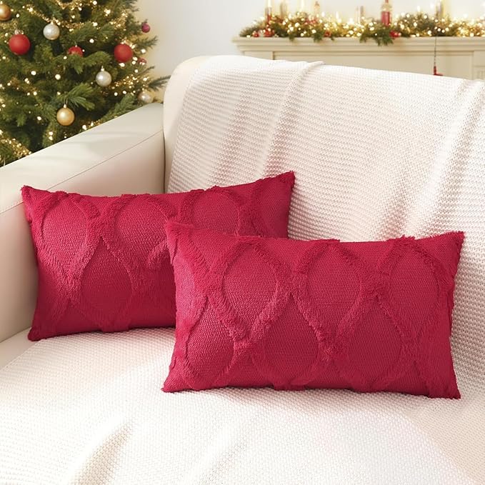 decorUhome Christmas Throw Pillow Covers 12x20 Inch Set of 2, Soft Plush Faux Fur Wool Lumbar Red Couch Pillow Covers, Decorative Neutral Pillow Cases for Bed Sofa Living Room Home Decor