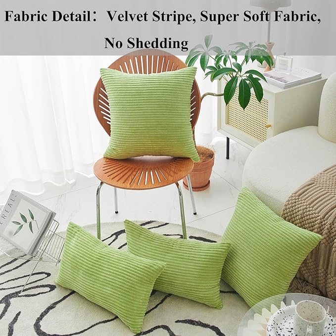Home Brilliant 20x20 Spring Pillow Covers Set of 2 Throw Pillows Striped Velvet Cushion Cover Decorative Throw Pillows for Chair Couch Bedroom Decor, 50cm, 20 x 20 Inch, Apple Green