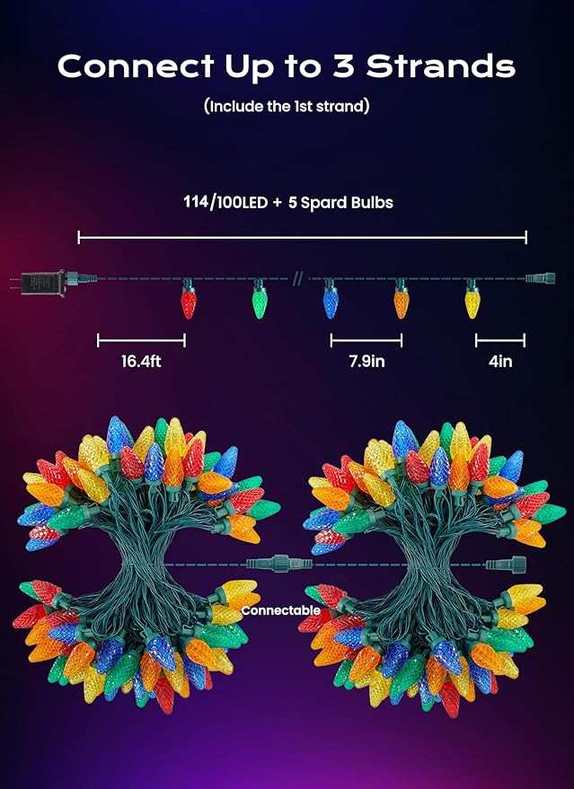 C9 Christmas Lights Outdoor, 100 FT 150 LED Connectable C9 String Lights with 8 Modes and Timer Extendable Xmas Tree Patio Roofline Garden Yard Holiday Party Indoor Outdoor Decoration, Multicolor