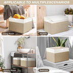 Large 17" 42 Quarts Collapsible Stackable Storage Bins with Lids [3-Pack] Foldable Fabric Linen Storage Boxes Cube, Closet Organizer Baskets with Label (16.7 x 12 x 12, Beige & White)
