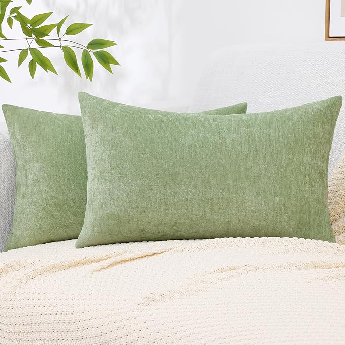decorUhome Chenille Sage Green Throw Pillow Covers 12x20 Inch Set of 2, Decorative Soft Couch Pillow Covers Solid Dyed Accent Velvet Farmhouse Neutral Rectangle Pillow Cases for Sofa Bed Living Room