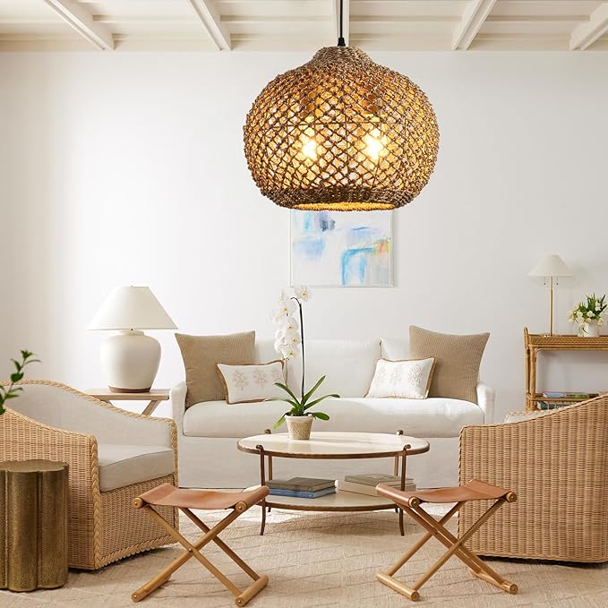 13.79" Rattan Pendant Light Fixture,Farmhouse 2-Light Kitchen Island Ceiling Hanging Lighting Wicker Hand Woven Chandelier,for Bedroom, Dining Room, Entryway, Foyer