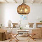 13.79" Rattan Pendant Light Fixture,Farmhouse 2-Light Kitchen Island Ceiling Hanging Lighting Wicker Hand Woven Chandelier,for Bedroom, Dining Room, Entryway, Foyer