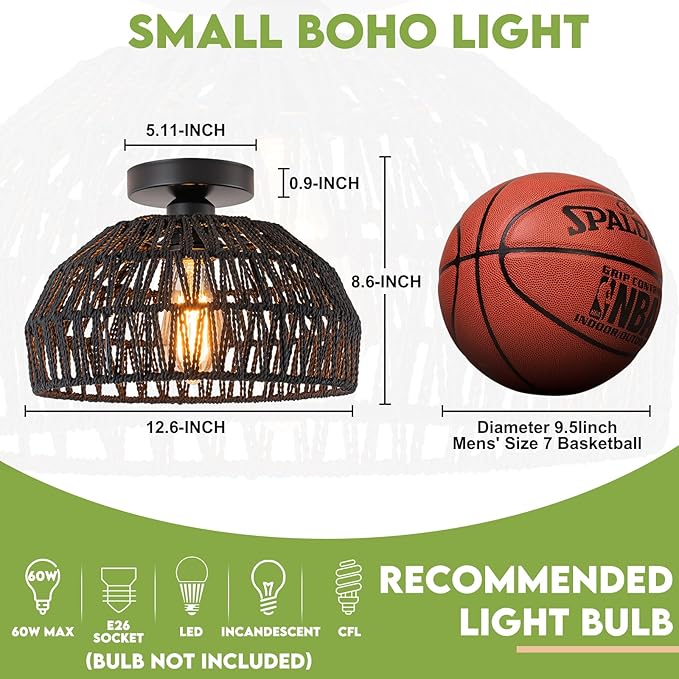 Black Rattan Ceiling Light Fixtures Boho Chandelier Small Woven Flush Ceiling Mount Lighting Fixture Close to Ceiling Light for Bedroom Kitchen Entryway Nursery Lights Hallway