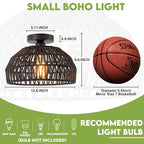 Black Rattan Ceiling Light Fixtures Boho Chandelier Small Woven Flush Ceiling Mount Lighting Fixture Close to Ceiling Light for Bedroom Kitchen Entryway Nursery Lights Hallway