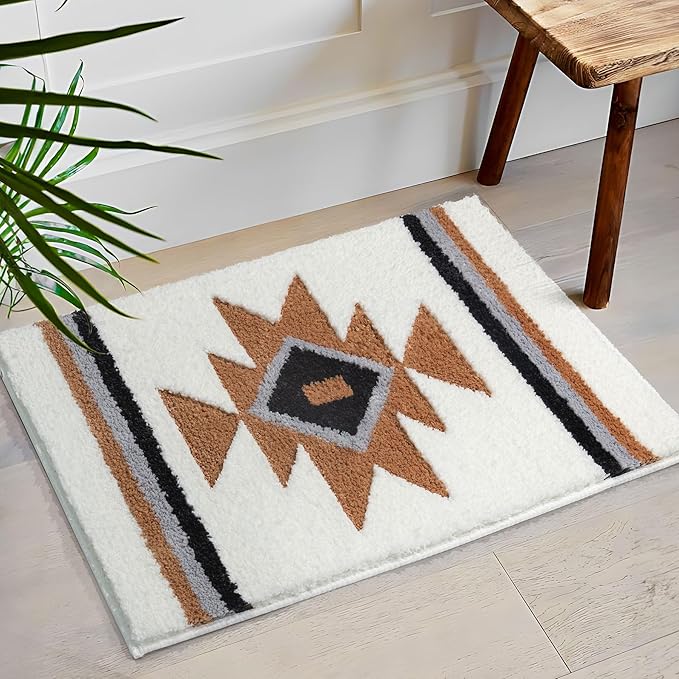 Bathroom Rugs White Boho Bath Mat Non Slip, Soft Absorbent Washable Bath Rug Floor Mat for Bathroom Shower Tub Modern Decor, 20x32